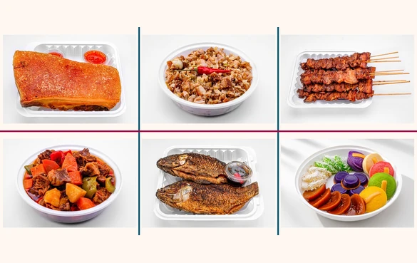 A spread of Filipino favourites including fried fish and pork barbecue